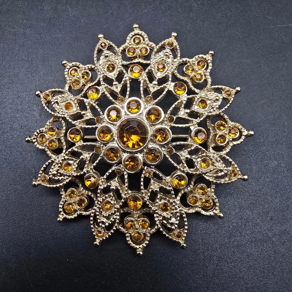 Amber Rhinestone Starburst Brooch Gold Tone Statement Jewelry